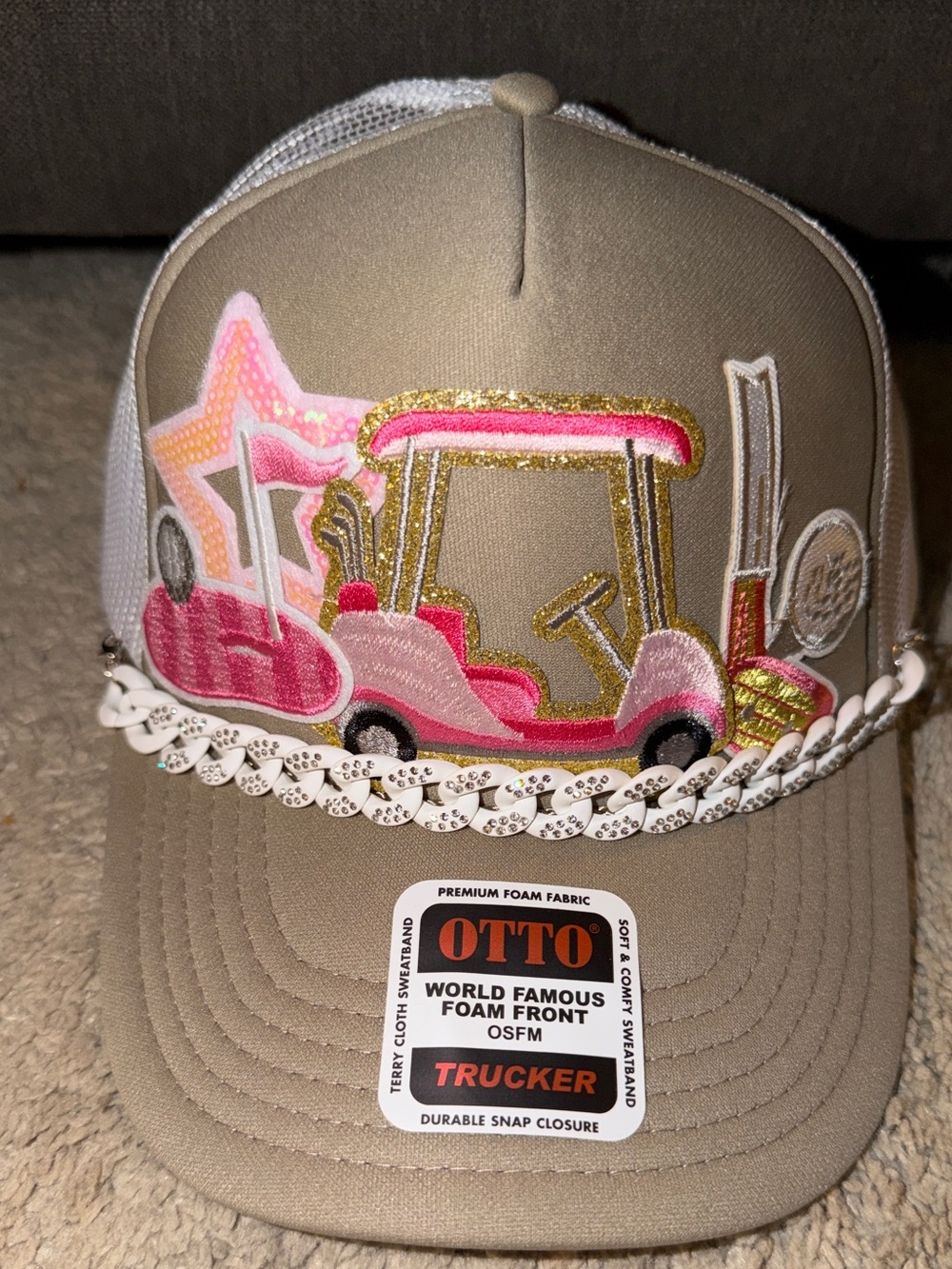 Golf Cart Sequin Patch Trucker Hat Cuban Chain Pink Gold Glam